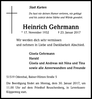 Anzeige von Heinrich Gehrmann von Kölner Stadt-Anzeiger / Kölnische Rundschau / Express