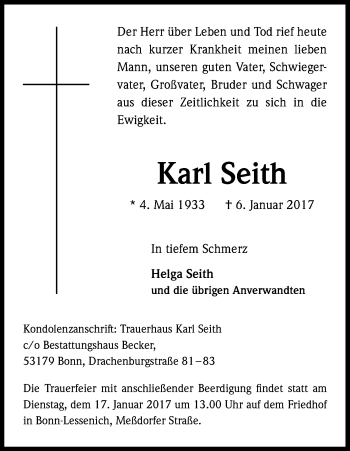 Anzeige von Karl Seith von Kölner Stadt-Anzeiger / Kölnische Rundschau / Express