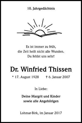 Anzeige von Winfried Thissen von Kölner Stadt-Anzeiger / Kölnische Rundschau / Express