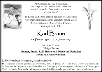 Anzeige von Karl Braun von Kölner Stadt-Anzeiger / Kölnische Rundschau / Express