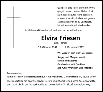 Anzeige von Elvira Friesen von Kölner Stadt-Anzeiger / Kölnische Rundschau / Express