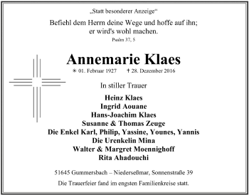Anzeige von Annemarie Klaes von  Anzeigen Echo 