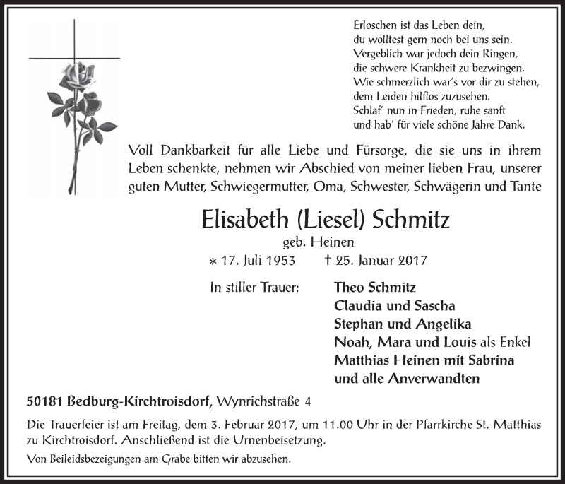  Traueranzeige für Elisabeth Liesel Schmitz vom 01.02.2017 aus  Werbepost 