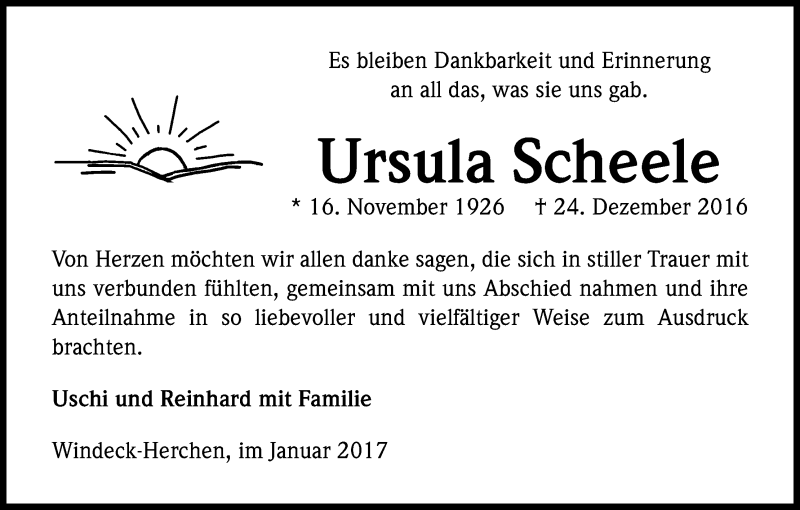  Traueranzeige für Ursula Scheele vom 21.01.2017 aus Kölner Stadt-Anzeiger / Kölnische Rundschau / Express