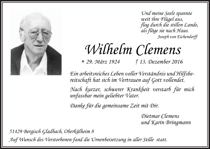  Traueranzeige für Wilhelm Clemens vom 14.01.2017 aus  Bergisches Sonntagsblatt 