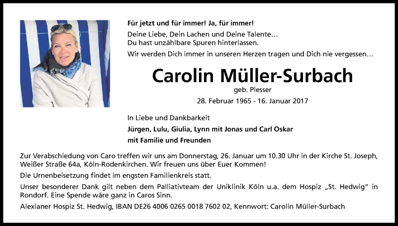  Traueranzeige für Carolin Müller-Surbach vom 21.01.2017 aus Kölner Stadt-Anzeiger / Kölnische Rundschau / Express