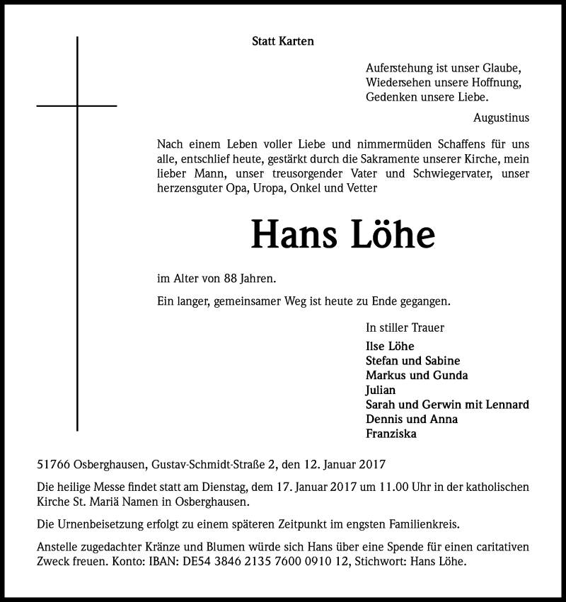  Traueranzeige für Hans Löhe vom 14.01.2017 aus Kölner Stadt-Anzeiger / Kölnische Rundschau / Express