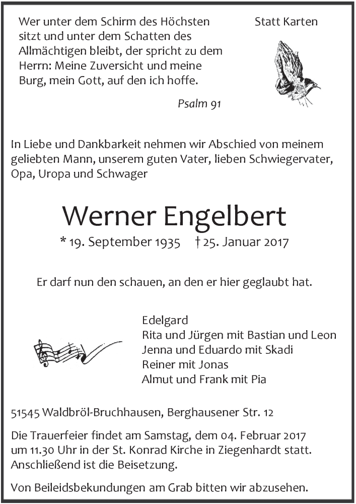  Traueranzeige für Werner Engelbert vom 01.02.2017 aus  Lokalanzeiger 