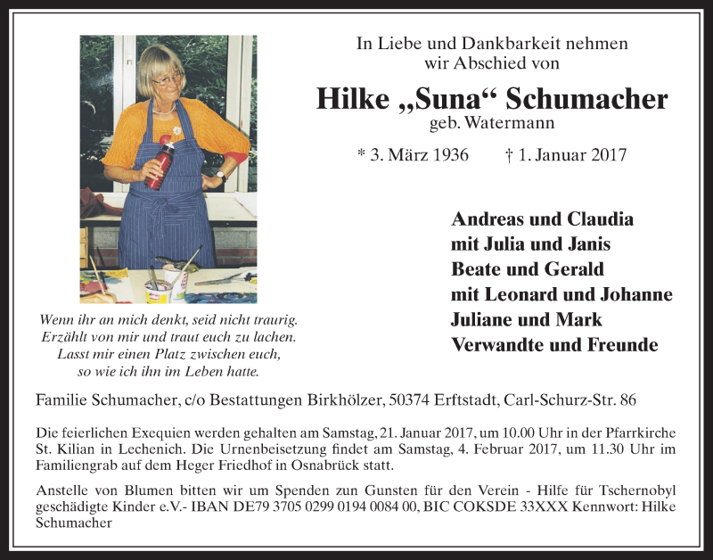  Traueranzeige für Hilke Schumacher vom 18.01.2017 aus  Werbepost 