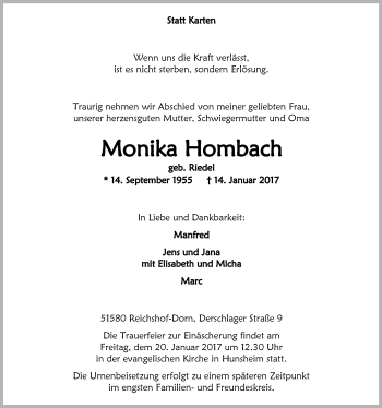 Anzeige von Monika Hombach von  Anzeigen Echo 