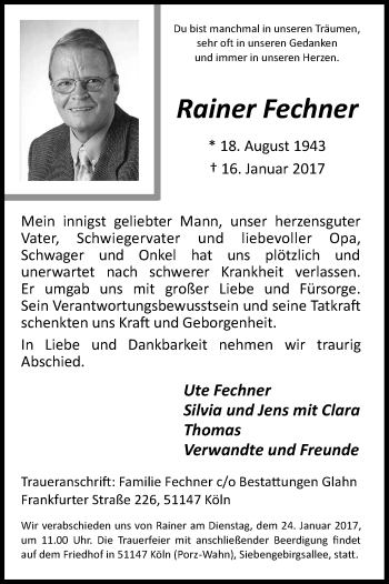 Anzeige von Rainer Fechner von Kölner Stadt-Anzeiger / Kölnische Rundschau / Express