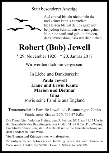 Anzeige von Robert Jewell von  Kölner Wochenspiegel 