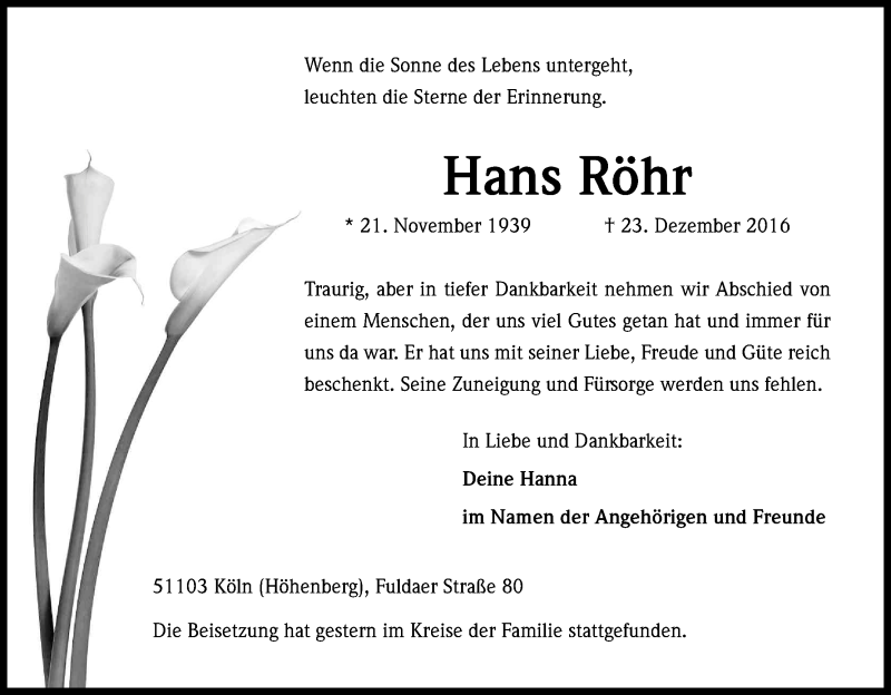  Traueranzeige für Hans Röhr vom 03.01.2017 aus Kölner Stadt-Anzeiger / Kölnische Rundschau / Express