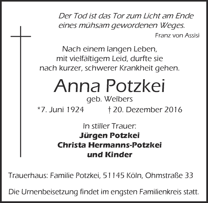  Traueranzeige für Anna Potzkei vom 04.01.2017 aus  Extra Blatt 
