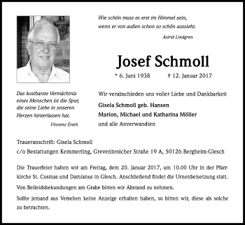 Anzeige von Josef Schmoll von Kölner Stadt-Anzeiger / Kölnische Rundschau / Express