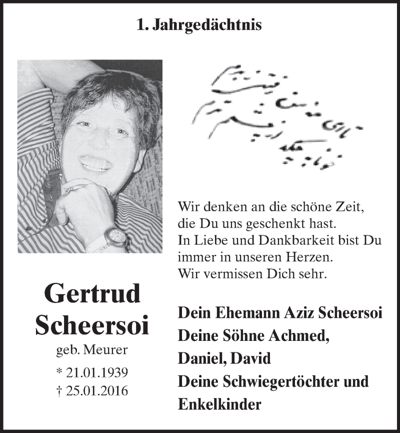  Traueranzeige für Gertrud Scheersoi vom 01.02.2017 aus  Schlossbote/Werbekurier 
