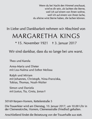 Anzeige von Margaretha Kings von  Sonntags-Post 