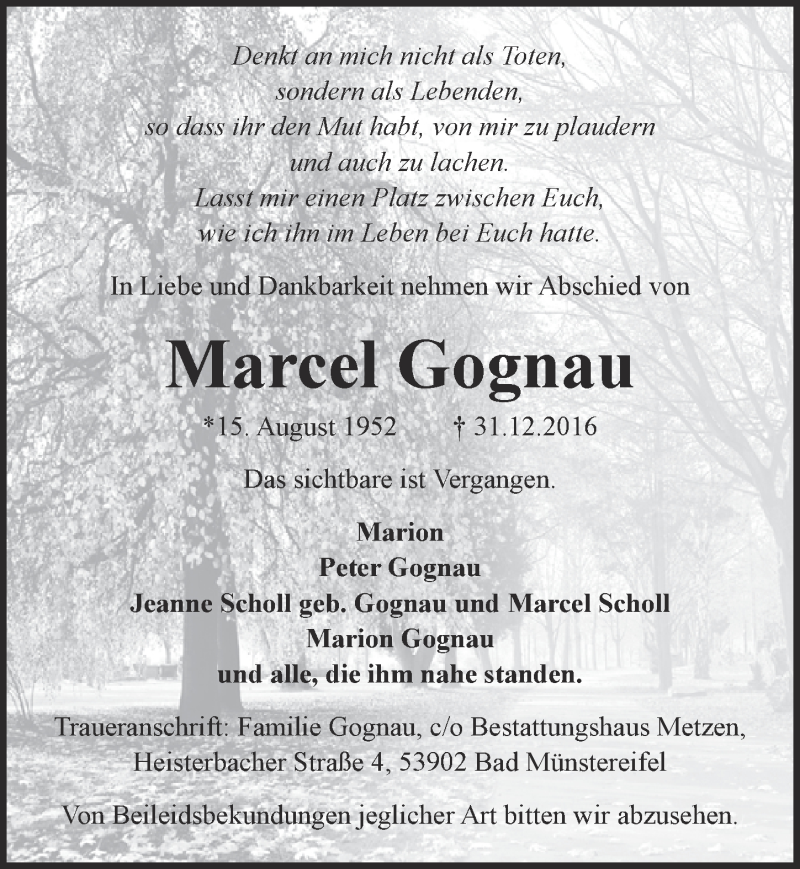  Traueranzeige für Marcel Gognau vom 14.01.2017 aus  Blickpunkt Euskirchen 