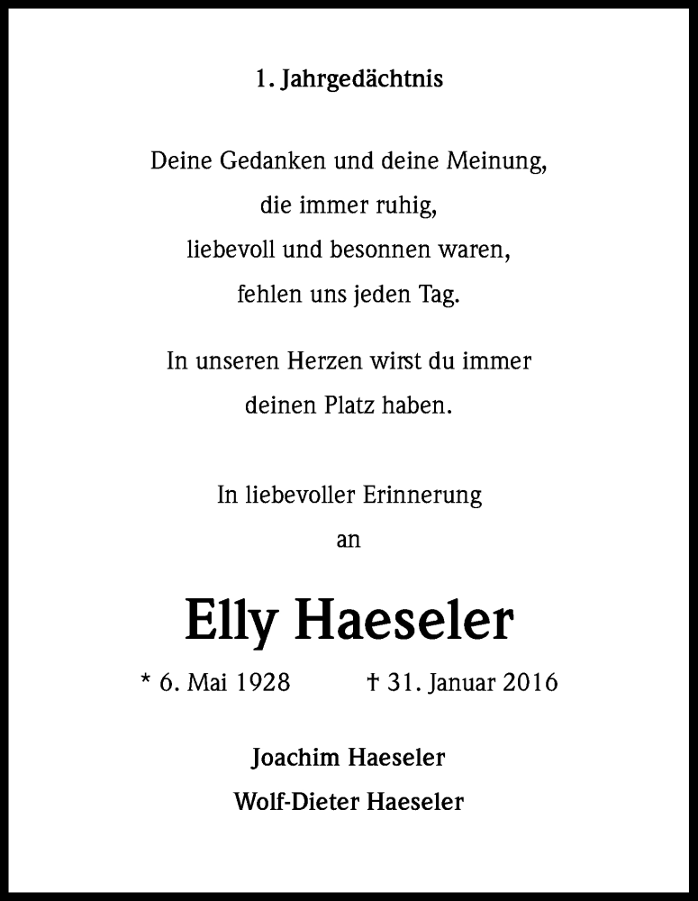  Traueranzeige für Elly Haeseler vom 31.01.2017 aus Kölner Stadt-Anzeiger / Kölnische Rundschau / Express