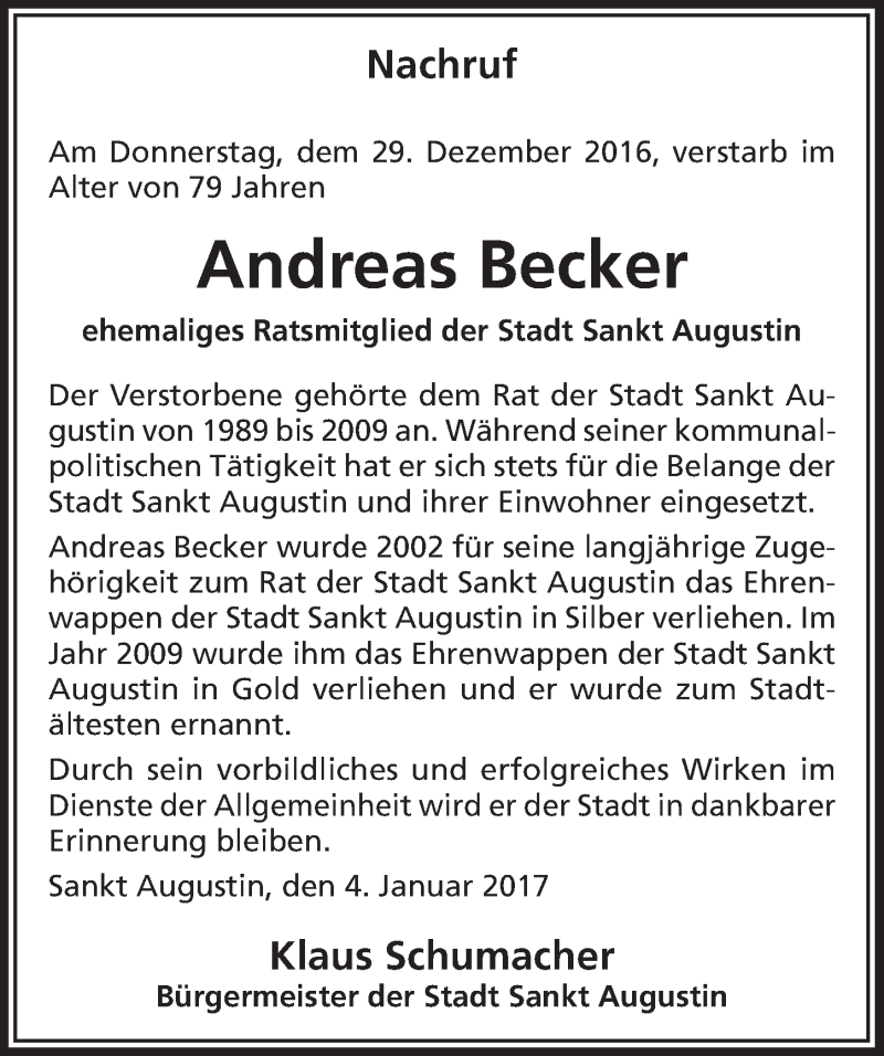  Traueranzeige für Andreas Becker vom 11.01.2017 aus  Extra Blatt 