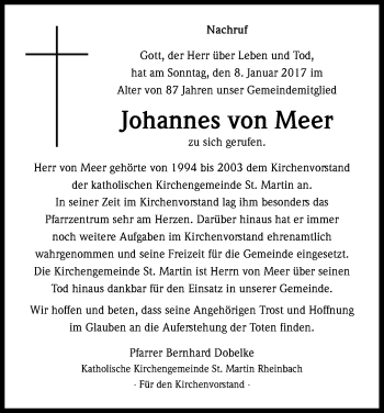 Anzeige von Johannes von Meer von Kölner Stadt-Anzeiger / Kölnische Rundschau / Express