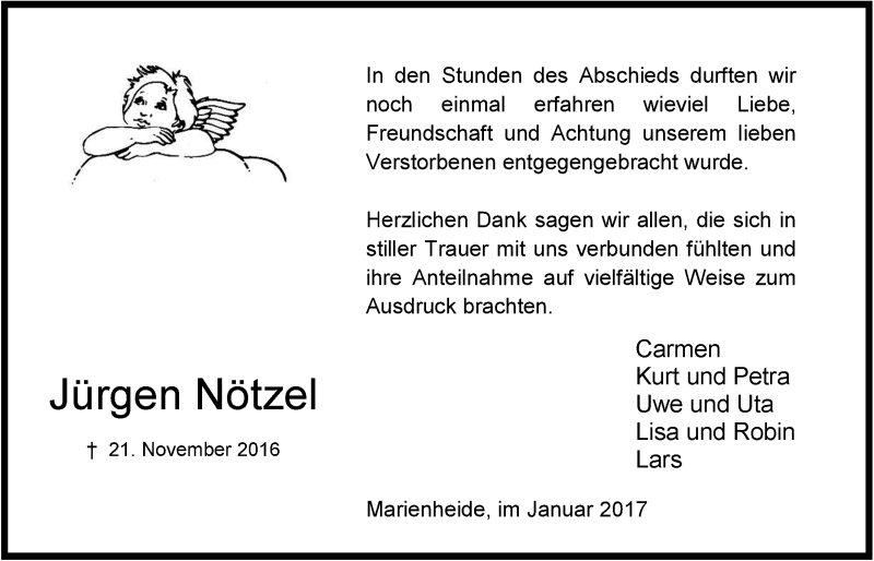  Traueranzeige für Jürgen Nötzel vom 11.01.2017 aus  Anzeigen Echo 