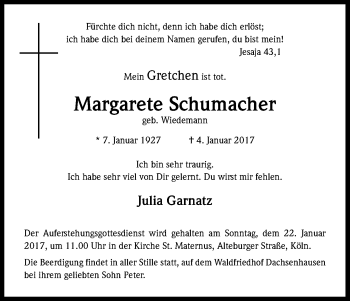 Anzeige von Margarete Schumacher von Kölner Stadt-Anzeiger / Kölnische Rundschau / Express