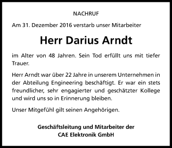 Anzeige von Darius Arndt von Kölner Stadt-Anzeiger / Kölnische Rundschau / Express