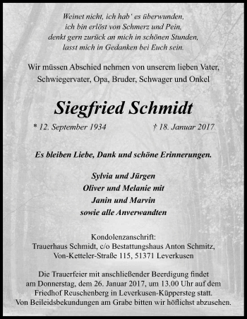 Anzeige von Siegfried Schmidt von Kölner Stadt-Anzeiger / Kölnische Rundschau / Express