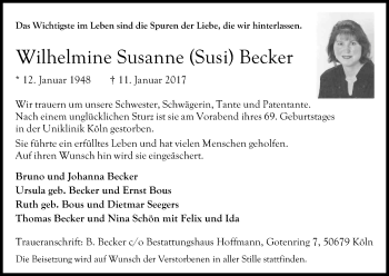 Anzeige von Wilhelmine Susanne Susi Becker von Kölner Stadt-Anzeiger / Kölnische Rundschau / Express