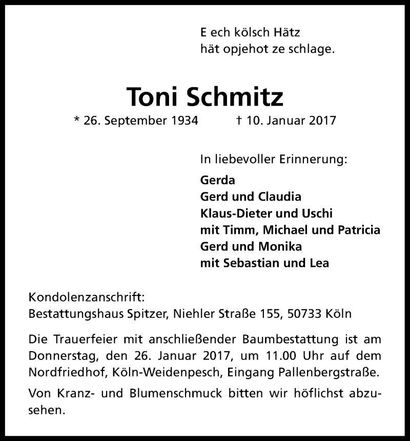  Traueranzeige für Toni Schmitz vom 21.01.2017 aus Kölner Stadt-Anzeiger / Kölnische Rundschau / Express