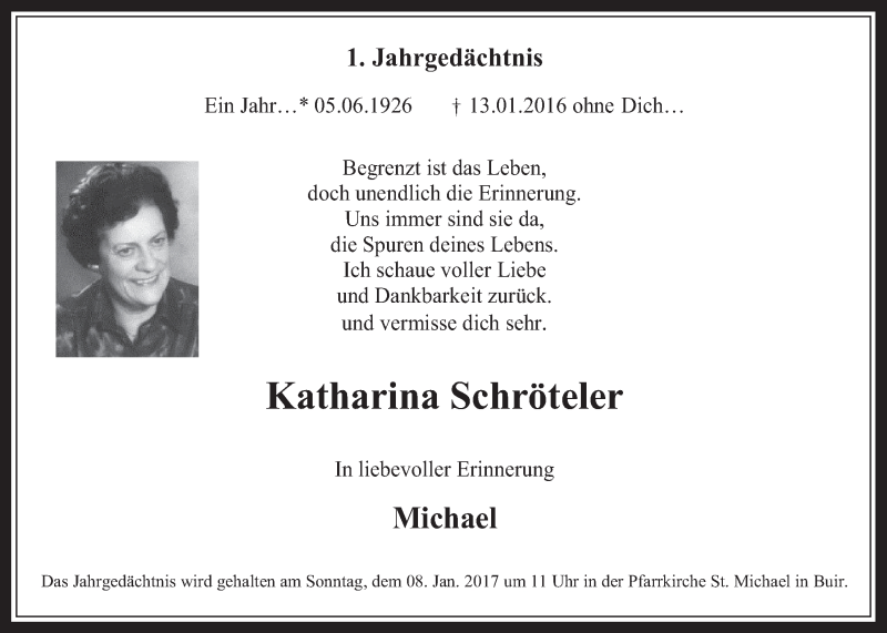  Traueranzeige für Katharina Schröteler vom 04.01.2017 aus  Werbepost 