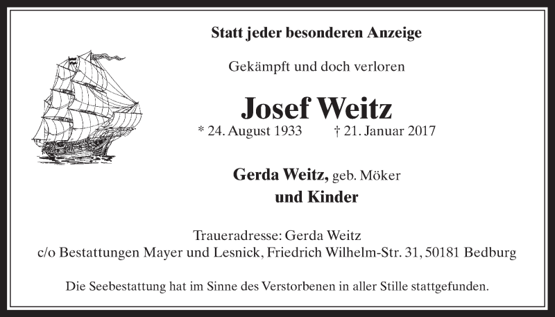  Traueranzeige für Josef Weitz vom 01.02.2017 aus  Werbepost 