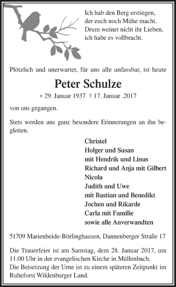 Anzeige von Peter Schulze von  Anzeigen Echo 