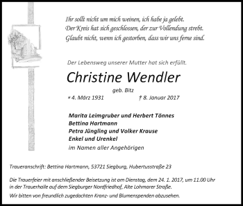 Anzeige von Christine Wendler von Kölner Stadt-Anzeiger / Kölnische Rundschau / Express