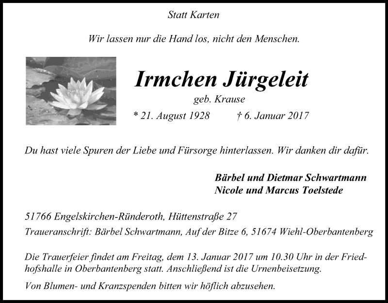  Traueranzeige für Irma Jürgeleit vom 10.01.2017 aus Kölner Stadt-Anzeiger / Kölnische Rundschau / Express