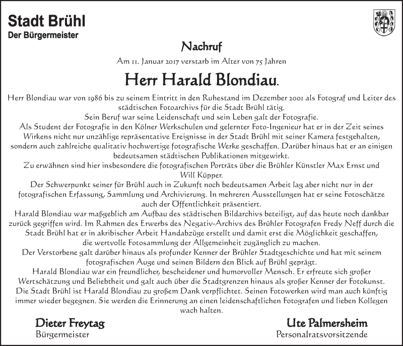 Traueranzeige für Harald Blondiau vom 25.01.2017 aus  Schlossbote/Werbekurier 