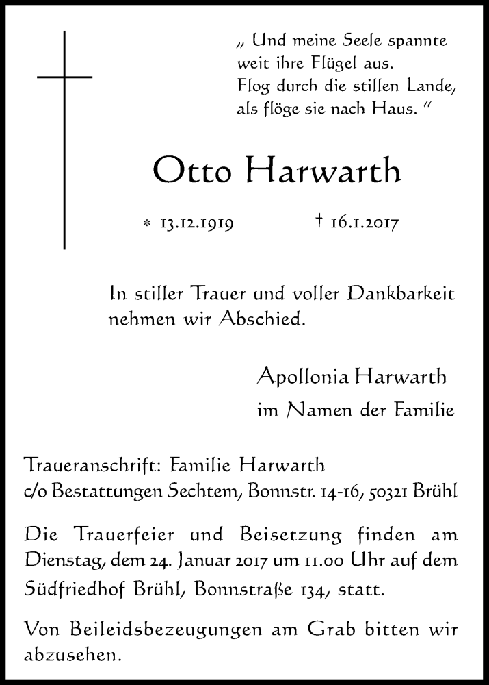  Traueranzeige für Otto Harwarth vom 20.01.2017 aus Kölner Stadt-Anzeiger / Kölnische Rundschau / Express