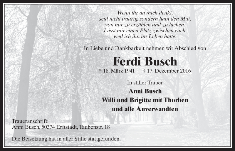  Traueranzeige für Ferdi Busch vom 18.01.2017 aus  Werbepost 