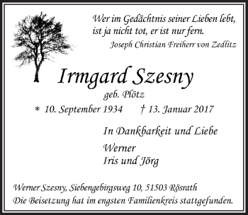 Anzeige von Irmgard Szesny von  Bergisches Sonntagsblatt 