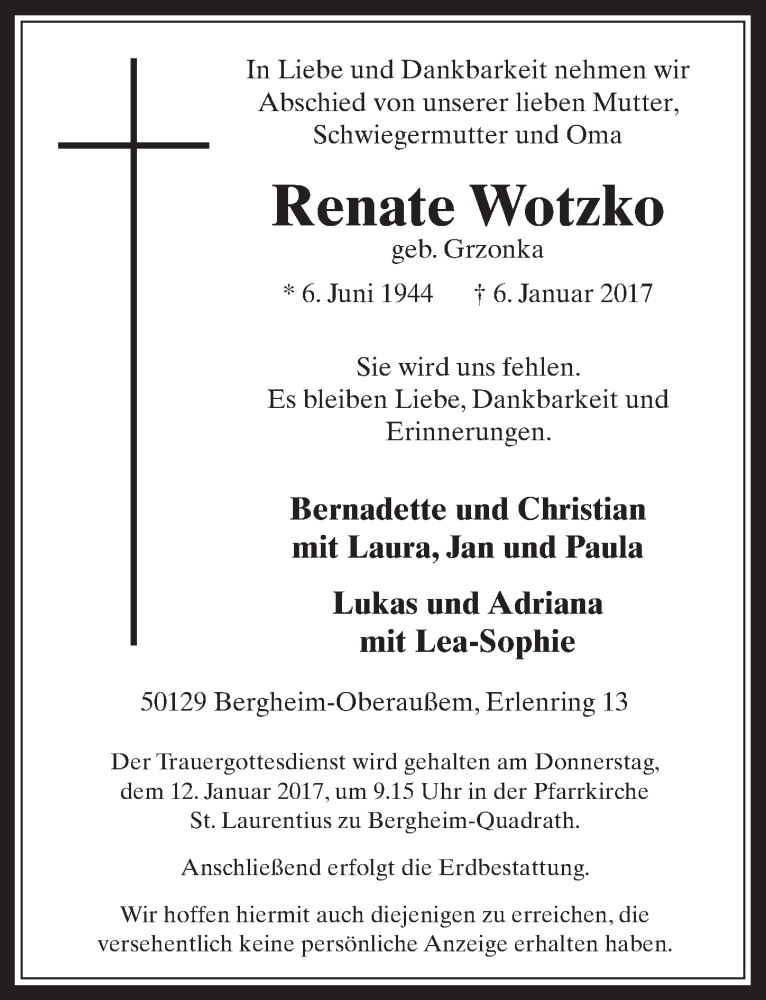  Traueranzeige für Renate Wotzko vom 11.01.2017 aus  Werbepost 