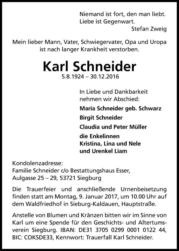  Traueranzeige für Karl Schneider vom 07.01.2017 aus Kölner Stadt-Anzeiger / Kölnische Rundschau / Express