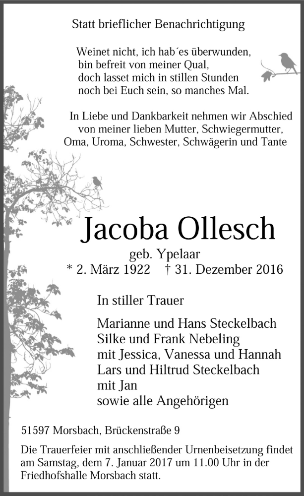  Traueranzeige für Jacoba Ollesch vom 04.01.2017 aus  Lokalanzeiger 