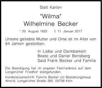 Anzeige von Wilhelmine Becker von Kölner Stadt-Anzeiger / Kölnische Rundschau / Express