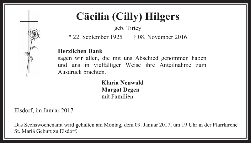 Traueranzeige für Cäcilia Hilgers vom 04.01.2017 aus  Werbepost 