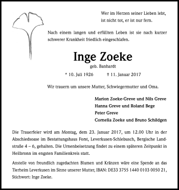 Anzeige von Inge Zoeke von Kölner Stadt-Anzeiger / Kölnische Rundschau / Express