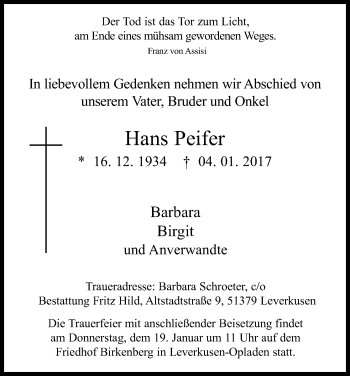 Anzeige von Hans Peifer von Kölner Stadt-Anzeiger / Kölnische Rundschau / Express