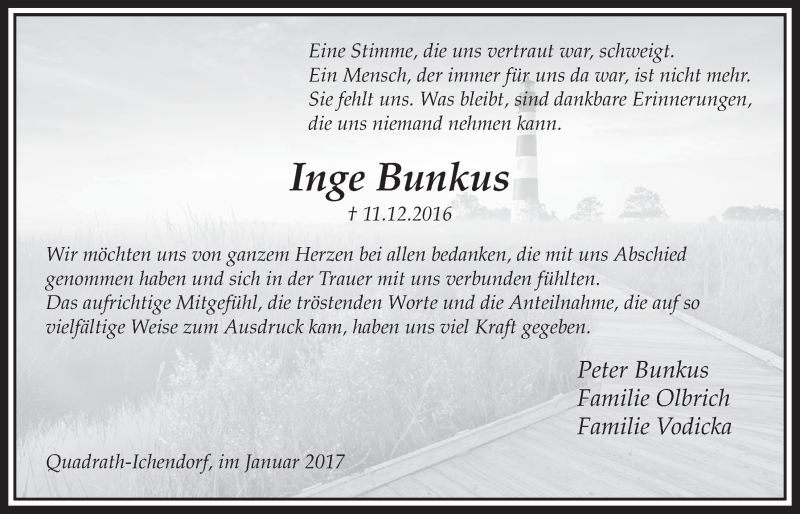  Traueranzeige für Inge Bunkus vom 07.01.2017 aus  Sonntags-Post 