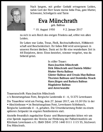 Anzeige von Eva Münchrath von Kölner Stadt-Anzeiger / Kölnische Rundschau / Express