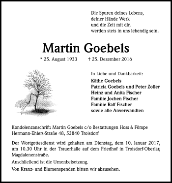 Anzeige von Martin Goebels von Kölner Stadt-Anzeiger / Kölnische Rundschau / Express